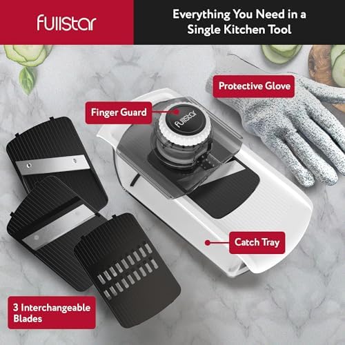 Fullstar Mandoline Slicer for Kitchen, Fruit Cutter, Cheese Grater, Cucumber Slicer, Food Cutter & Kitchen Gadgets (3 in 1, White)