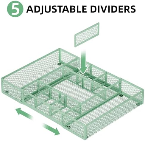 Marbrasse Expandable Desk Drawer Organizer, Mesh Drawer Organizer Tray with 10 Adjustable Compartments, Desk Organizers and Accessories for Office Supplies, Makeup & Vanity (Expandable-Green)