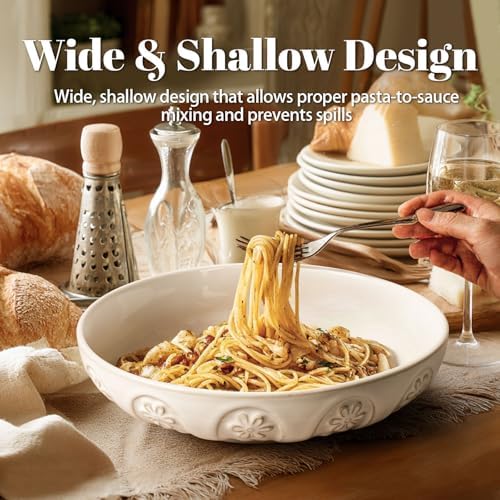 Artena Pasta Bowls, 50oz Large Salad Serving Bowls, 9.75'' Plates Bowls Set of 4, Big White Ceramic Soup Bowls for Kitchen, Embossment Shallow Dinner Bowl, Microwave Dishwasher Safe, Pinwheel Flower