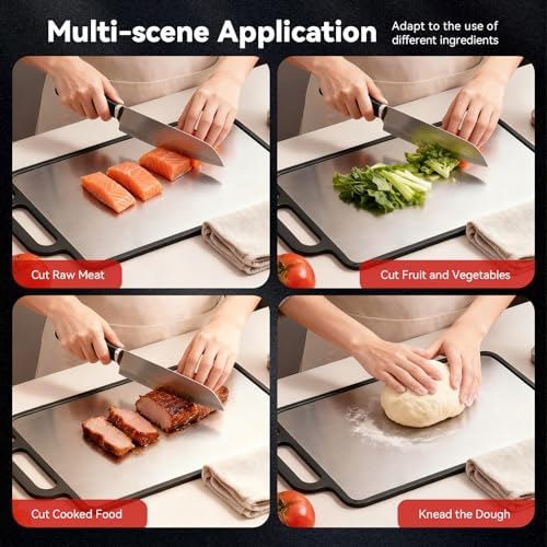 Double-Sided Solid Stainless Steel Cutting Board for Kitchen, 304 Grade & Dishwasher Safe - Non-Slip with Juice Groove, Perfect for Meat and Veggies, 15.3x9.6 Inch