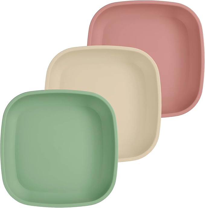 Re-Play Toddler Plates - 22 Oz. Deep-Walled Flat Kids Plates - Dishwasher & Microwave Safe - Made in USA - Set of 3-7.37" x 7.37" x 1.25" - Desert Roses