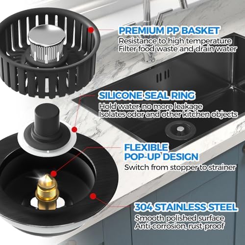 zaa 3 in 1 Kitchen Sink Drain Strainer Stopper Removable Basket Pop-Up