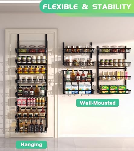Mefirt Over The Door Pantry Organizer, Wall Mount Spice Rack 8-Tier Black