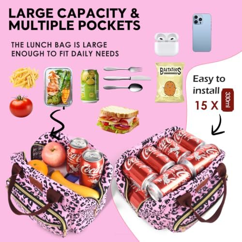 Insulated Lunch box for Women,Leakproof Quilted Thermal Lunch Bag, 14L Large Capacity Lunch Tote Bag Lightweight LunchBox Cooler for Work, School, Picnic or Travel with 2 Front Pocket-Leopard print