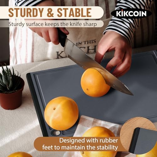 Kikcoin Plastic Cutting Boards for Kitchen, 3-Piece Large Cutting Board Set Dishwasher Safe Chopping Boards with Non-slip Feet and Juice Grooves, Gray