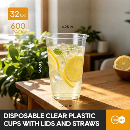Turbo Bee Disposable Clear Plastic Cups, 32 OZ, 600 Sets (No Lids)