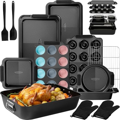 Kikcoin 25-Piece Nonstick Baking Pans Set with Large Turkey Roasting Pan, Stackable Ceramic Bakeware Set, 450°F Oven Safe Baking Sheet Set with Silicone Handles, Cookie Sheets for Baking, Black