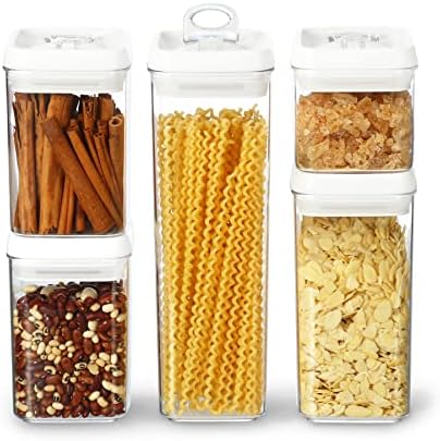 Felli Flip Tite Storage Container with Lid 4" Airtight Ring Seal Top, Stackable Acrylic Canister Jar Set for Kitchen Pantry Organizer, Food Spice Pasta Snack (5pk, Variety)