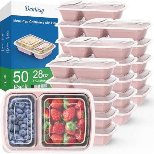 Dealusy 50 Pack 28 oz Meal Prep Containers with Lids 2-Compartment, Pink