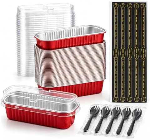 50 Pack Red 6.8oz Mini Cake Pans with Lids, Spoons and Stickers