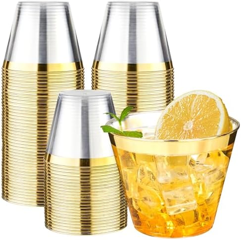 RACETOP Clear Plastic Cups with Gold Rim, 9 oz, 100 Pack
