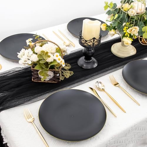 EjonirInjonir 80 Heavy Duty Gold Black Plastic Plates for Party 10.25 Inch
