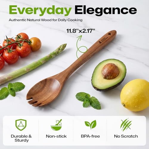 AIUHI Wooden Salad Spoon Fork, 2-in-1 Teak Wood Cooking Utensil, Long Handle Non-Stick Safe Pasta Server for Mixing Tossing Serving Salad Pasta and Fruits