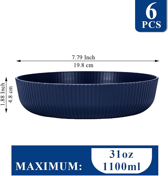HOMQUEN Pasta Bowls Set of 6, 37oz Salad Bowls Blue Soup Bowls, Large Pasta Serving Bowls, Unbreakable Plastic Dinner Bowls, Dinnerware Sets,Valentines Day Gift, Dishwasher Safe (Blue)