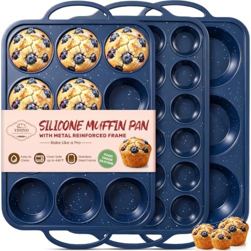Vinino 3 Piece Silicone Muffin Pan Set with Stainless Steel Frame - Blue