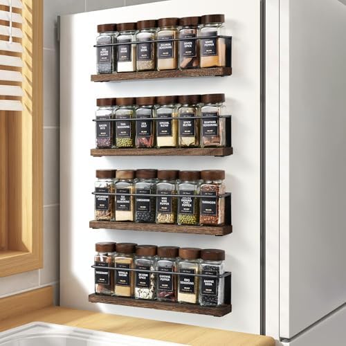 4 Pack Strong Magnetic Spice Rack Organizer for Refrigerator and Microwave Oven, Metal Fridge Shelf, Space Saver for Kitchen Organization and Storage, Black