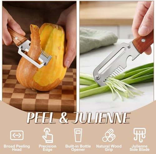 2026 Upgrade Vegetable Peeler With Wooden Handle, Stainless Steel Wide Blade Potato and Carrot Peeler, 3-in-1 Veggie Peeler With Scallion Shredder and Bottle Opener for Kitchen, Camping and Travel