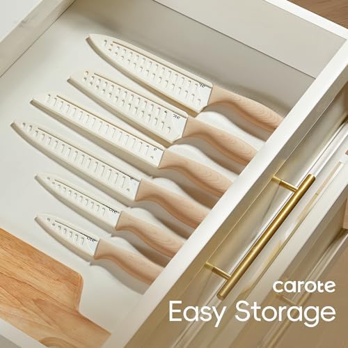 CAROTE 12PCS Knife set with Blade Guards,Granite Nonstick Ceramic Coating,Stainless Steel blade, Anti-Slip Handle, Essential Knives, Rustproof, White (Pack of 2)