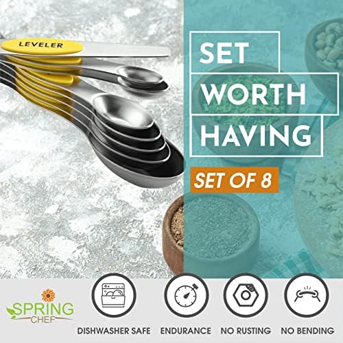 Spring Chef Stainless Steel Magnetic Measuring Spoons Set of 8, Yellow