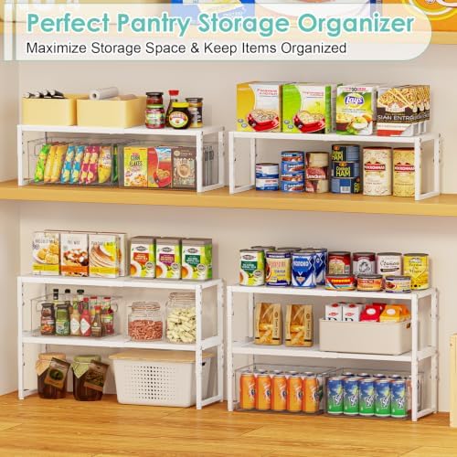 2 Pack Expandable Cabinet Shelf Organizer, Adjustable Kitchen Countertop Metal Storage Shelves Organizers, Stackable Kitchen Counter Pantry Cupboard Storage Rack, 30LBS Load Capacity,15.5"-25.5" Long