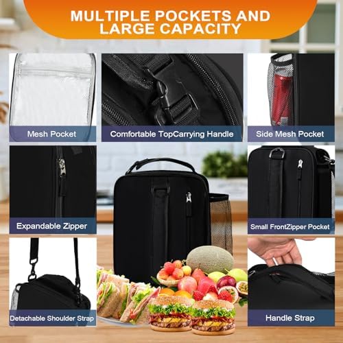 Expandable Lunch Box Insulated Lunch bag for Men Teen Kids Boys Adult Portable Stylish Double-Capacity Lunchbox Special Design for Working Office school Picnic (Black Expandable 10L)
