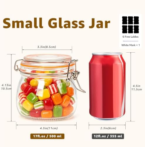 Small Glass Storage Jars with Airtight Lids Wide Mouth 17 oz 6 Pack