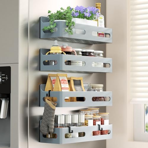 Sevenblue 4-Pack Magnetic Spice Rack for Refrigerator with Hooks, Grey