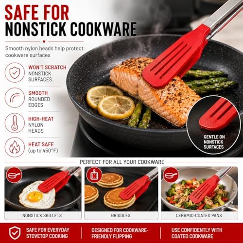 HIC Kitchen Slotted Flipper Tongs, Heat-Safe, Stainless Steel with BPA-Free Nylon, Set of 2