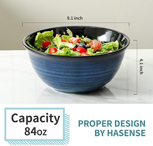 HASENSE Large Serving Bowls, 9 Inch Ceramic Salad Bowls, 84 oz Serving Dishes for Entertaining, Deep Bowl Set Perfect for Soup Pasta Pho Popcorn Fruit, Dishwasher Microwave Safe, Set of 2, Navy Blue