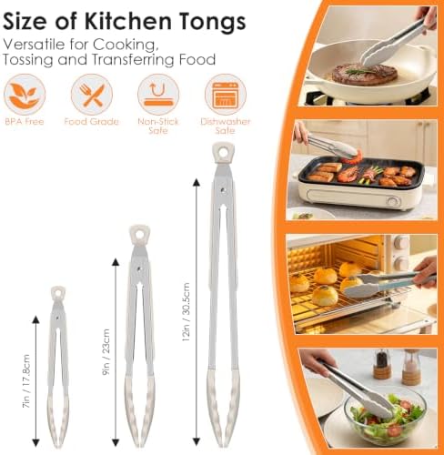 HOTEC Stainless Steel Kitchen Tongs with Silicone Tips, Set of 3-7",9" &12"
