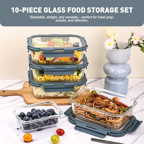 Liuruiyu 10 Pack Glass Food Storage Containers with Glass Lids, Airtight Meal Prep Containers, Leak-Proof Bento Boxes for Microwave, Oven, Freezer & Dishwasher, BPA-Free