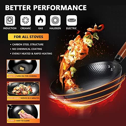 14 Piece Carbon Steel Wok Pan, Woks & Stir-Fry Pans Set with Wooden Lid Cookwares, No Chemical Coated Flat Bottom Chinese Pan for Induction, Electric, Gas, Halogen All Stoves - 12.6''