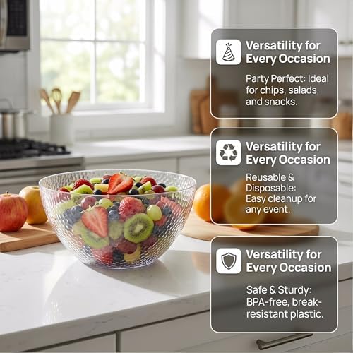 4 Pack Clear Plastic Serving Bowls, 135 OZ Large Round Plastic Bowls, 10 Inch Disposable Reusable Salad Mixing Bowl Buffet Containers for Catering, Party, Salad, Fruit, Chips, Popcorn, Snack