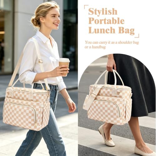 GYEUKHAM Insulated Lunch Bag for Women Men,Extra Large Lunch Box, Leakproof Reusable Cooler Tote for Adult, Everyday Soft Lunch Tote Bag for Work College Picnic Travel,C-Khaki Checkered