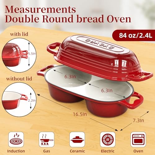 Enameled Cast Iron Dutch Oven Pot with Lid, Double Bread Loaf Pan
