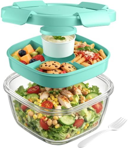 Canfanni Glass Salad Container, 56oz Bowl with Airtight Lids, Tray, Fork