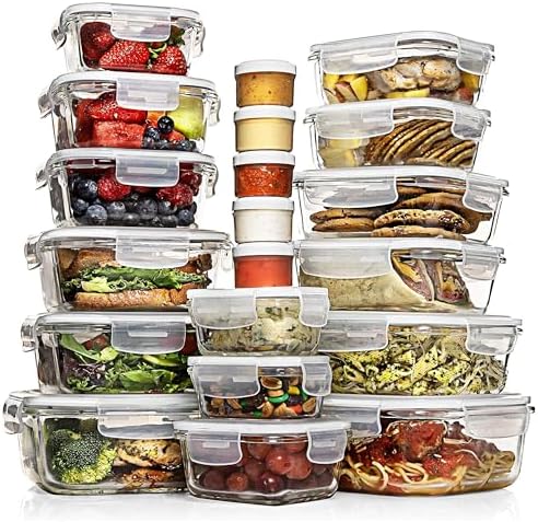 Razab 35 Pc Set Glass Food Storage Containers with Lids - Meal Prep Airtight Bento Boxes BPA-Free 100% Leak Proof (15 lids,15 glass & 5 Plastic Sauce/Dip Containers)