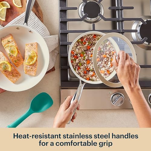 Pyrex 3-Piece Ceramic Cookware Fry Pan & Saucepan Set with Lid & Handles
