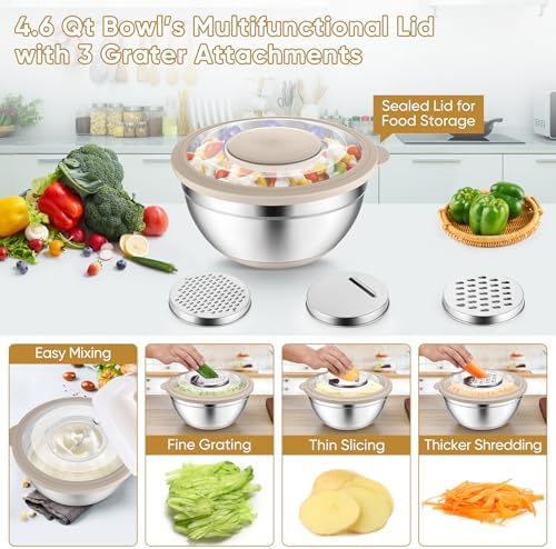 P&P CHEF Mixing Bowls with Lids, Metal Mixing Bowl with Colander, Khaki
