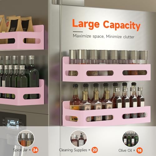 Sevenblue 4-Pack Magnetic Spice Rack for Refrigerator with Hooks, Pink