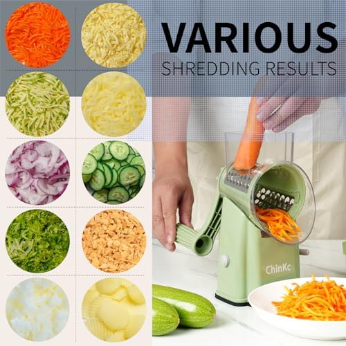 Upgrade Rotary Cheese Grater Shredder with Handle, Strong Suction Base, Multi-purpose Rotary Grater Slicer with 5 Interchangeable Blades for Ice, Vegetables, Fruit, Nuts with Blade Storage Box