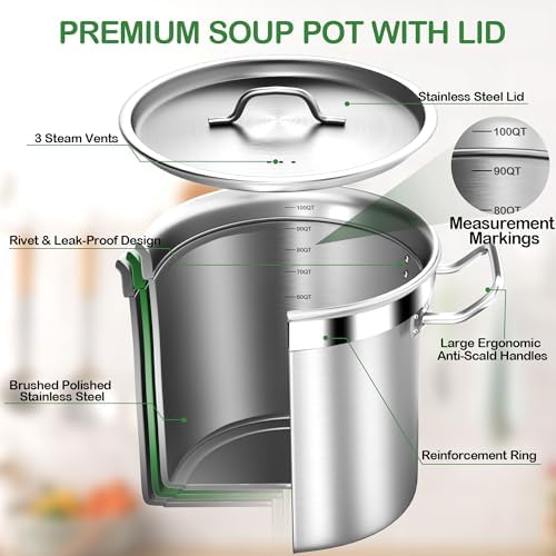 STOCKPOT Extra Large Stock Pot 100 Quart (25Gallon) – Professional Stainless Steel Stockpot with Lid – Heavy Duty Cooking Pot for Commercial Kitchens, Canning, and Outdoor Seafood Boil