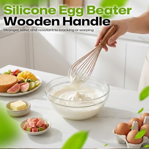 AIUHI Silicone Whisk with Wood Handle, 11.2" Balloon Egg Beater, Lightweight Kitchen Whisk for Blending Batter, Cream & Sauces
