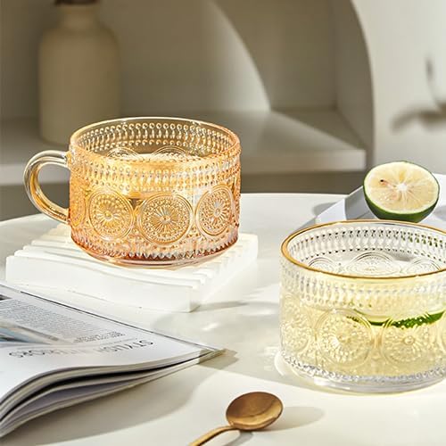 MFACOY Vintage Coffee Mugs Set of 2, 14 oz Glass Tea Cups with Handle, Amber Embossed Glass Cups for Cappuccino, Latte, Cereal, Milk, Hot or Cold Beverages