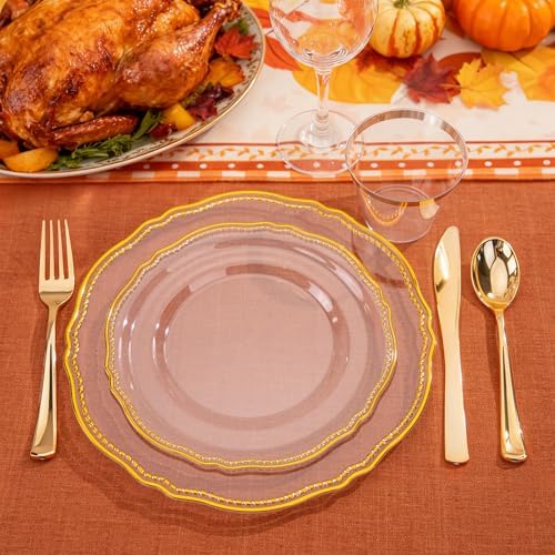 Hioasis 175 Pcs Clear Gold Plastic Plates Wedding & Party