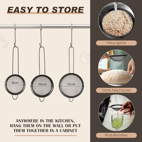 Norme 4 Quart Black Colander and 3 Metal Fine Mesh Strainer Set