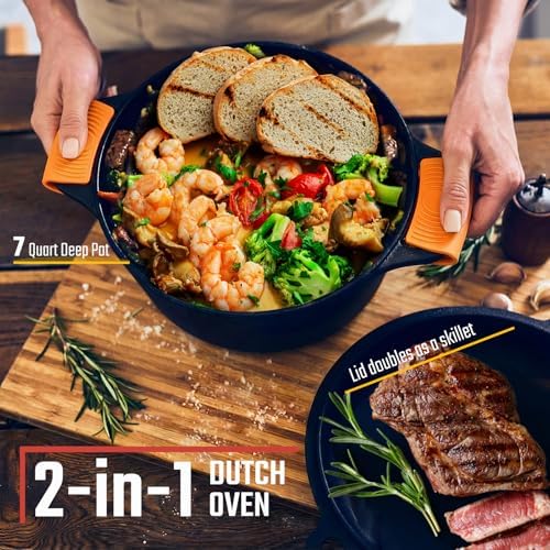 Overmont 7QT Double Dutch Oven - 2-in-1 Pre-Seasoned Cast Iron Pot & Recipe