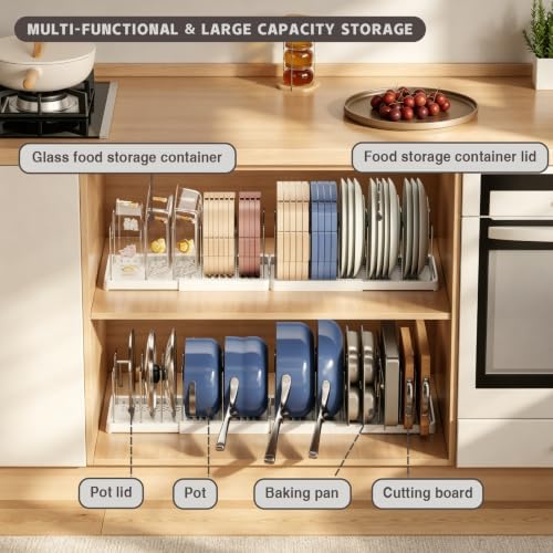 Magheo 2 Pack Expandable Food Storage Container Lid Organizers, 31.3" Pots and Pans Organizer Under Cabinet with 12 Adjustable Dividers Pot and Pan Lid Holders Rack Inside Cabinet(White)