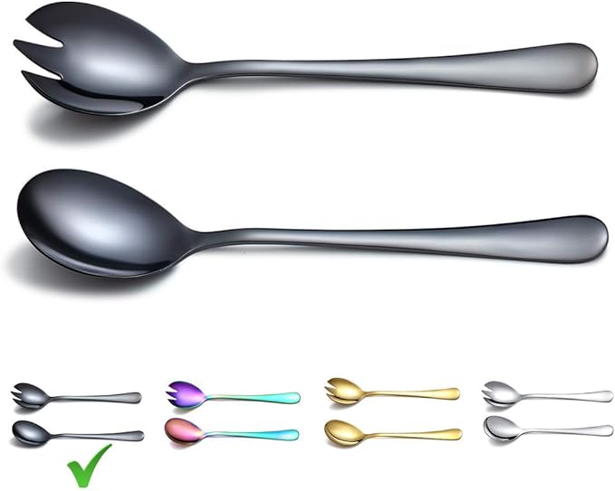 Berglander Stainless Steel Salad Server Set With Titanium Black Plating - Salad Servers, Spoon, Fork - Pack of 2 (Shiny Black)