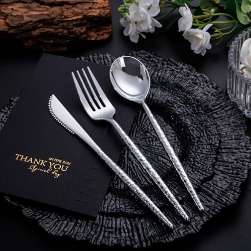 SUT 300PCS Silver Plastic Silverware, Disposable Utensils, plastic cutlery Set Includes 100 Knives, Forks and Spoons, Disposable Silverware for Party, Hammered Silverware Set
